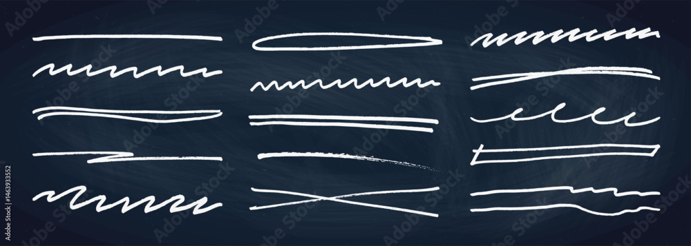 Underline stroke chalk scribbles doodle line collection on chalkboard. Hand drawn outline sketch wave brush mark elements crosshatch rough dividers set for text highlight underline emphasis