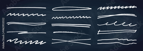 Underline stroke chalk scribbles doodle line collection on chalkboard. Hand drawn outline sketch wave brush mark elements crosshatch rough dividers set for text highlight underline emphasis
