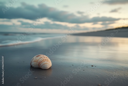 Obraz na płótnie Solitary seashell lies on a wet beach at dusk, serene and calm. Perfect for travel blogs, seaside resorts, or coastal home decor. w salonie