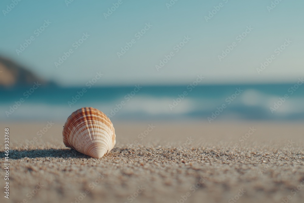 A seashell sits on sand with the ocean and blue sky blurred behind. Use this image to represent beaches, summer, and travel themes.