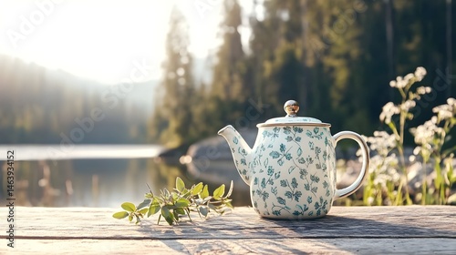 Serene lakeside tea moment; teapot with floral design rests on rustic wooden surface, bathed in morning sunlight