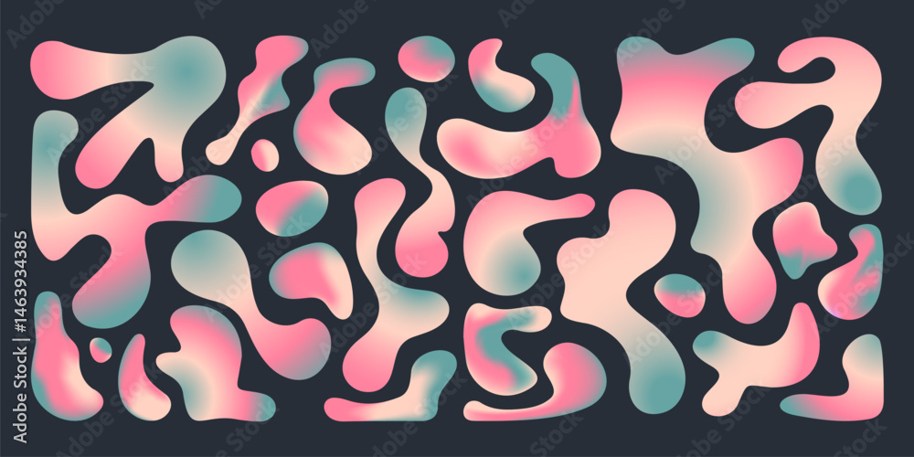 Abstract gradient shapes on black background. Contemporary vector illustration of pink, turquoise, beige color waves, liquid blobs of different size, colorful spots for creative groovy banner design Abstract gradient shapes on black background. Contemporary vector illustration of pink, turquoise, beige color waves, liquid blobs of different size, colorful spots for creative groovy banner design
