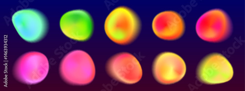 Abstract shape spots with aura color effect isolated on background. Vector realistic illustration of blurry neon yellow, pink, green, blue gradient dots, watercolor texture blobs, y2k design elements