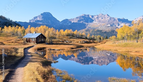 Serene mountain cabin reflected in a still lake during autumn