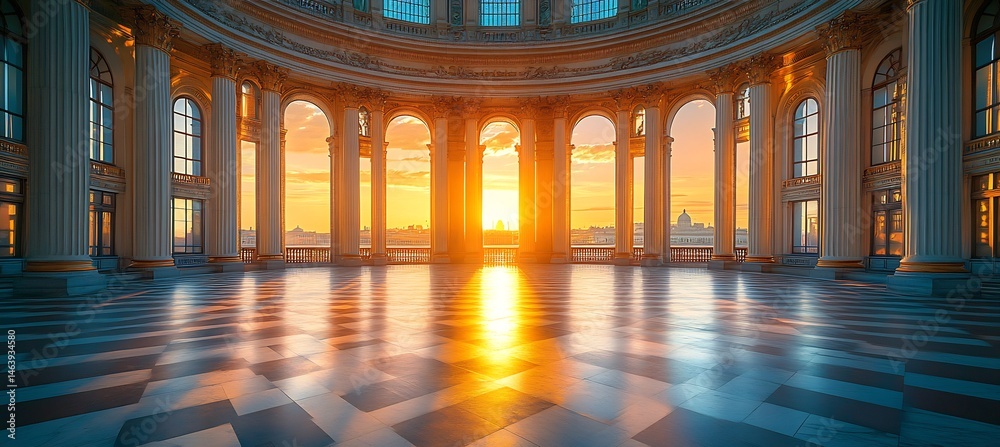 Obraz premium Classic opera foyer marble pillars and bamboo support columns in silhouette against pastel evening sky