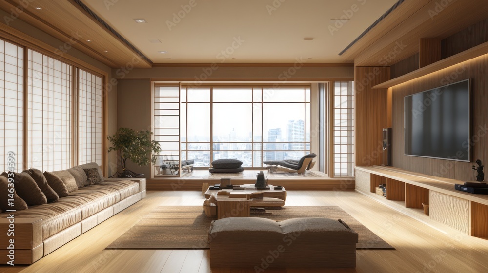 Fototapeta premium Modern minimalist living room with city view and natural light