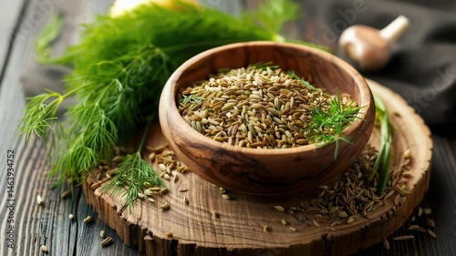 dried dill seeds dill greens. Selective focus
