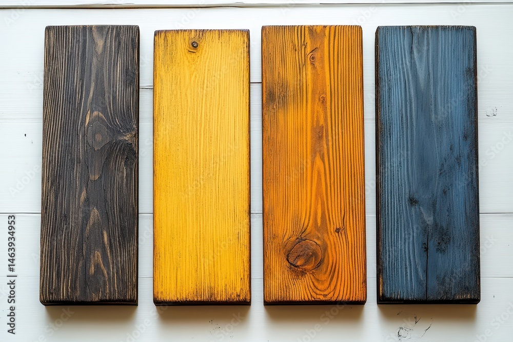 Four colorful wooden planks on white wood, top view, close up. Good for texture, construction, or design themed visuals.