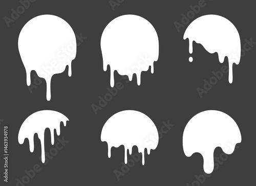 Dripping white circles set isolated on black background. Vector realistic illustration of abstract round shapes, liquid paint stains, melting fluid drops, grungy graffiti design, milk flow texture