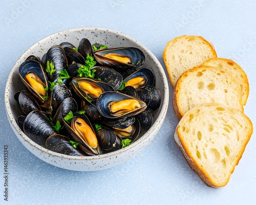 Steamed mussels in a bowl with crusty bread slices