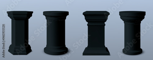 Black podium column set - square and round pedestals of different shape for product display, award ceremony or museum exhibition. Classic architectural elements with plinth bases, smooth matte finish.
