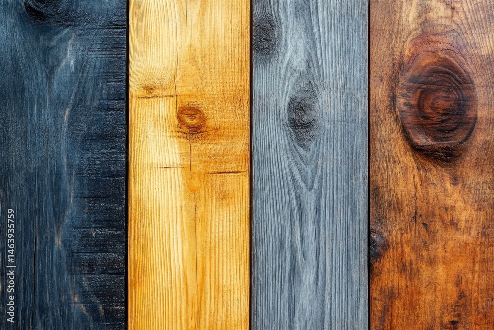 Four planks show wooden texture and knots in different colors. It's useful for backgrounds, textures, or DIY-themed projects.