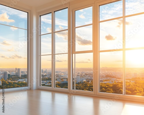 Sunlit room with expansive city view from large windows