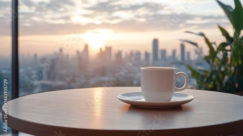 Sunrise cityscape view with coffee on a table