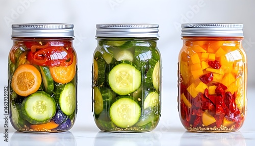 Three mason jars filled with vibrant, pickled vegetables; cucumbers, peppers, and carrots