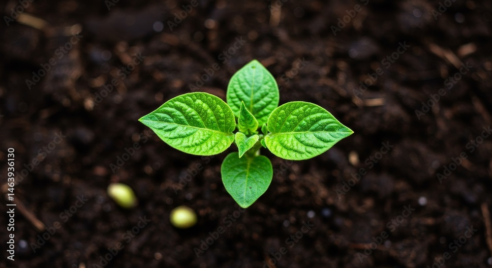 Naklejka premium Green Sprout Emerging From Dark Brown Soil in Close Up Shot
