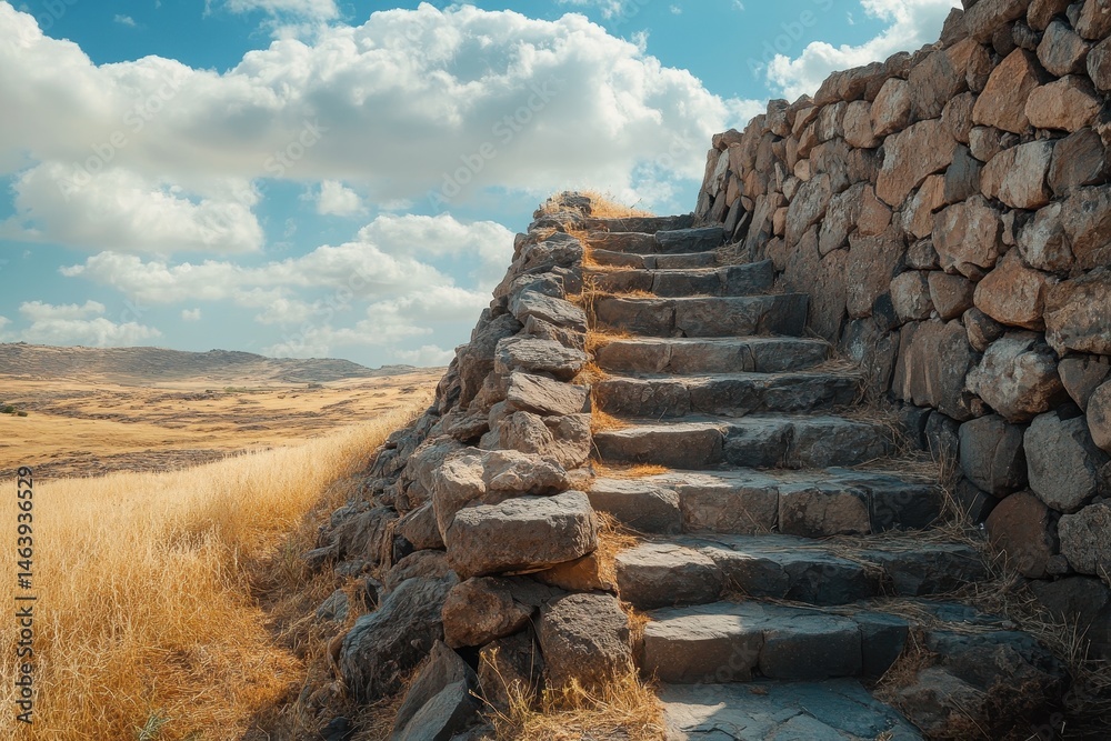 Stone steps rise beside a rock wall to a field and blue sky with clouds. Use for upward journeys, historic sites, or path to success concepts.