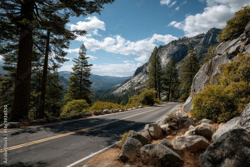 Obraz premium Mountain Road View with Trees and Clouds