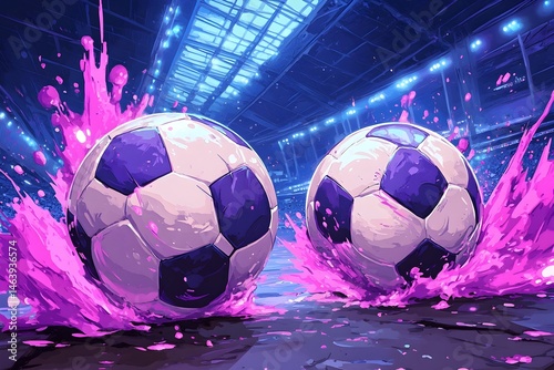 Two soccer balls splash vibrant pink liquid in a neon-lit stadium