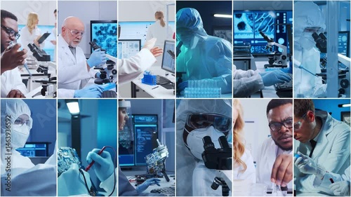 Technology and medical concept. Scientists, lab equipment and microscopes in biomedical innovations and clinical studies. Ideal for educational content. Vertical videos.