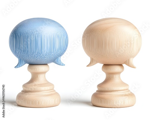 Two wooden speech bubble sculptures, one light blue, one natural wood, atop small pedestals
