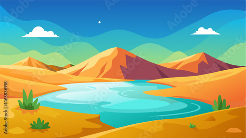The harsh desert suddenly gives way to a lush oasis with a sparkling lake and a carpet of bright green grass providing a breathtaking contrast to the surrounding arid landscape.