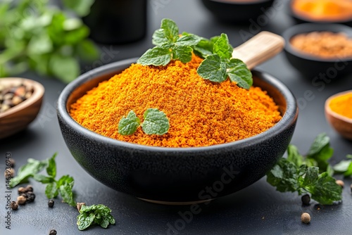 Vibrant orange spice blend in a dark bowl, garnished with fresh mint leaves, surrounded by other spices