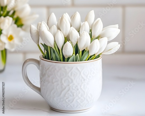 A bouquet of pristine white tulips nestled in an ornate, white ceramic mug rests on a marble surface against a white-tiled backdrop