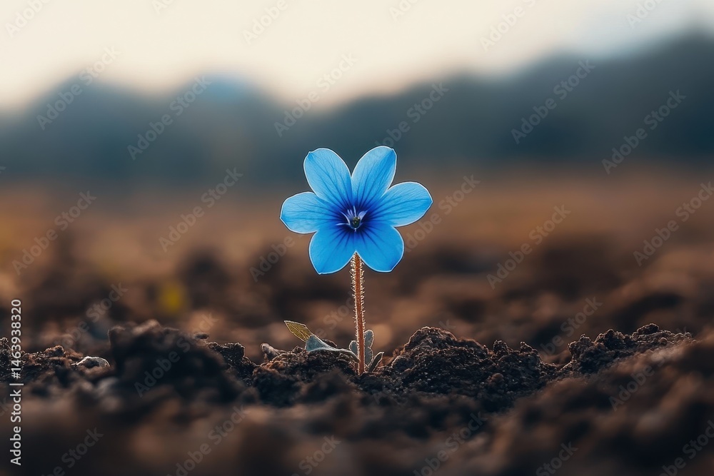 Single blue flax flower blooms in a field, blurred background. It can be used for themes of growth, nature, hope, and resilience.