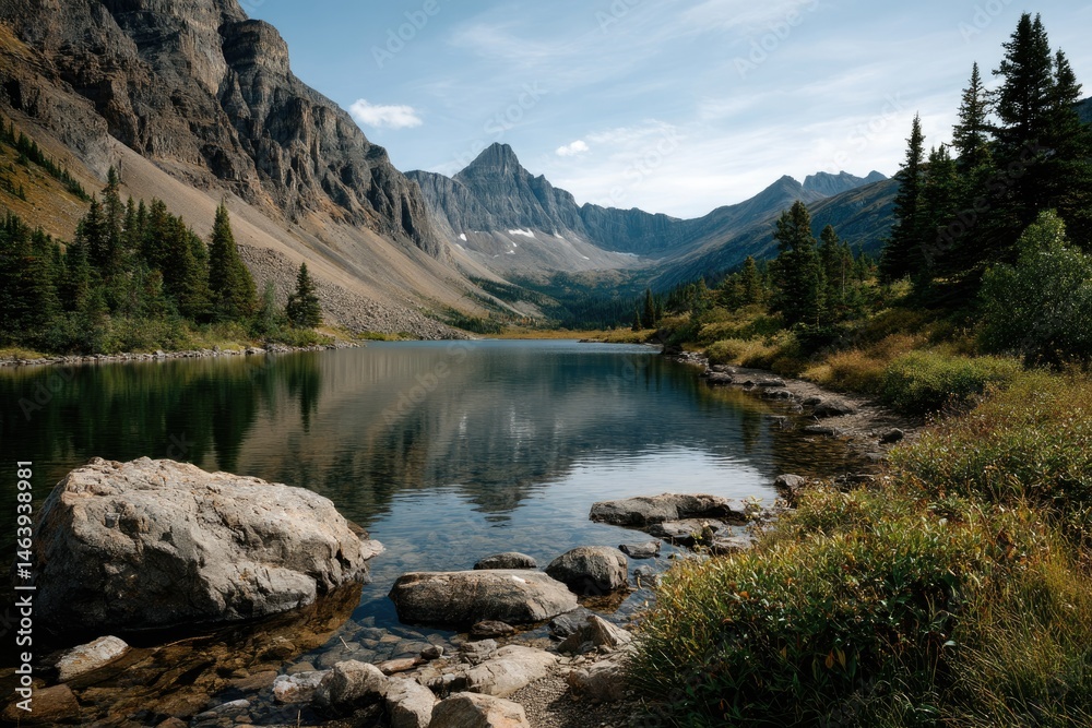 Fototapeta premium Serene Mountain Lake: Majestic Peaks Reflected in Tranquil Waters