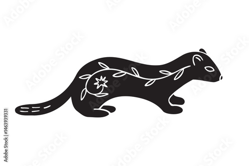 weasel or ferret silhouette monochrome with patterns illustration. Trendy creative fabulous mystic folklore 