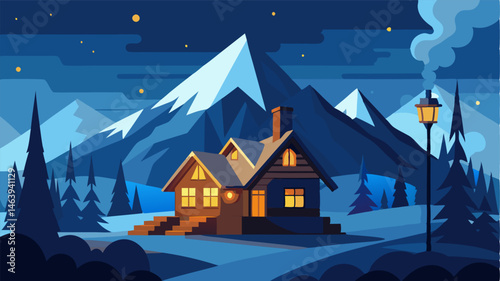 The gentle glow of lanterns and the faint sound of a crackling fire emanate from the cozy mountain chalet nestled in the snowy peaks.