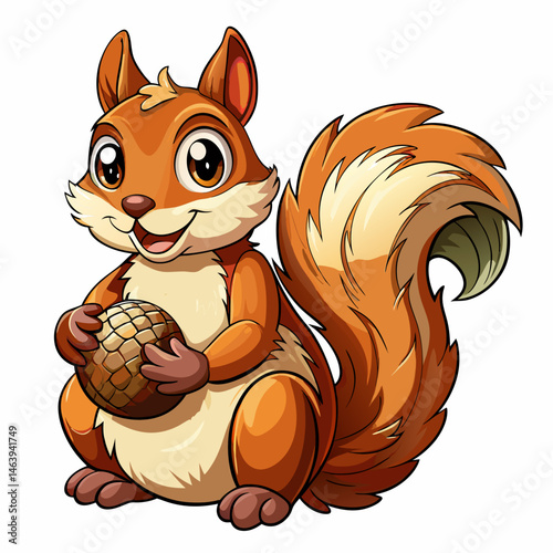 A vector illustration of a bushy-tailed squirrel holding an acorn, sitting upright, isolated on a white background