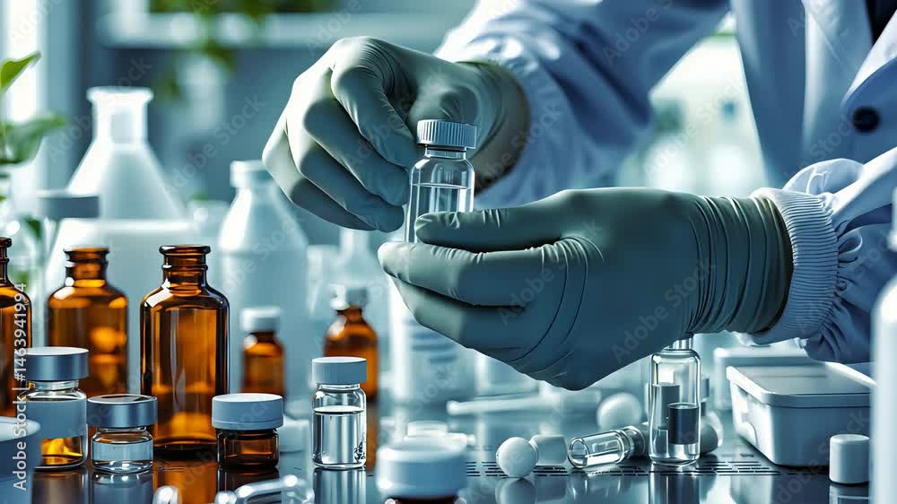 Scientist in laboratory holding a vial, surrounded by medicine bottles, syringes, and lab equipment, working with pharmaceutical research.
Scientist in laboratory holding a vial, surrounded by medicine bottles, syringes, and lab equipment, working with pharmaceutical research.
