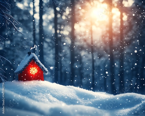 Snowy forest cabin scene