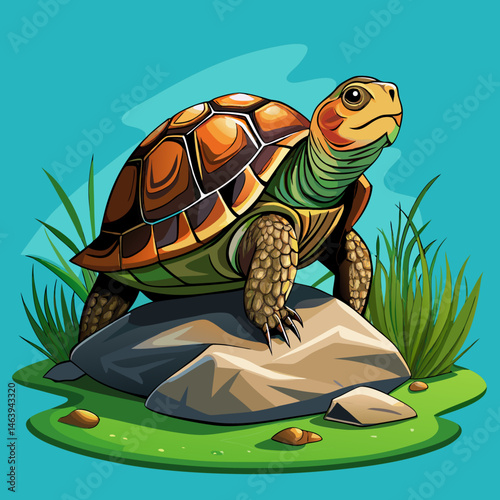 A realistic vector of a turtle basking on a rock near water, placed on a solid moss green background