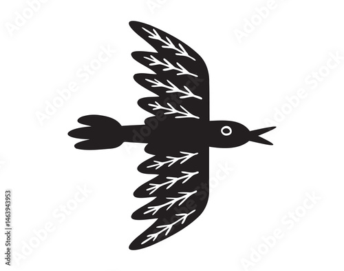 bird flying silhouette monochrome with patterns illustration. Trendy creative fabulous mystic folklore 