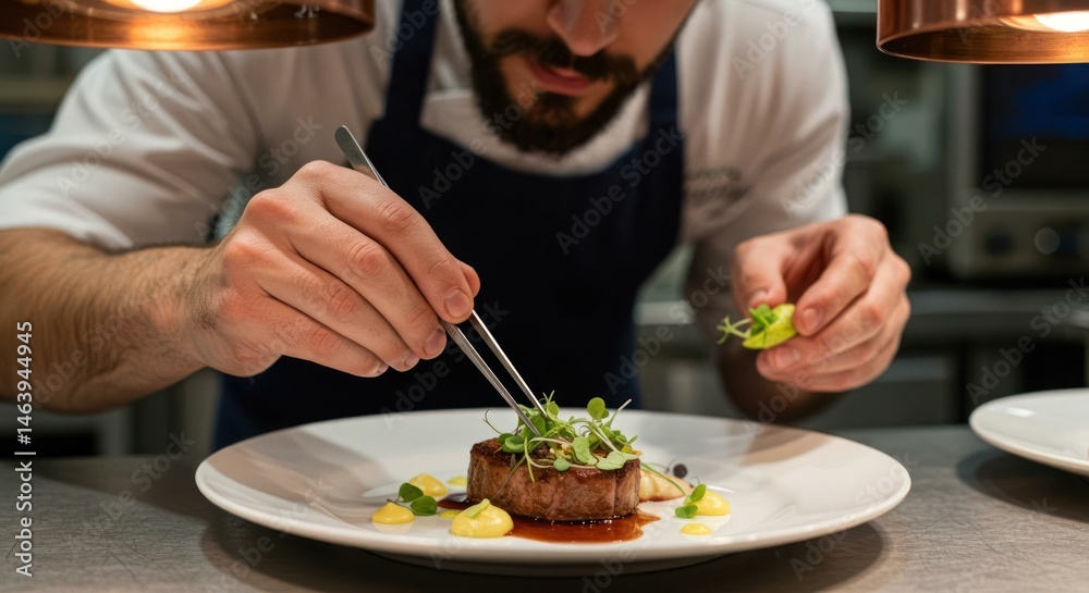 Chef carefully plating a gourmet dish in a restaurant Chef carefully plating a gourmet dish in a restaurant
