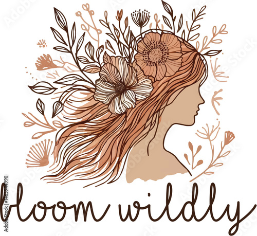 Whimsical woman face with floral hair – elegant botanical  line art illustration. Generative AI.