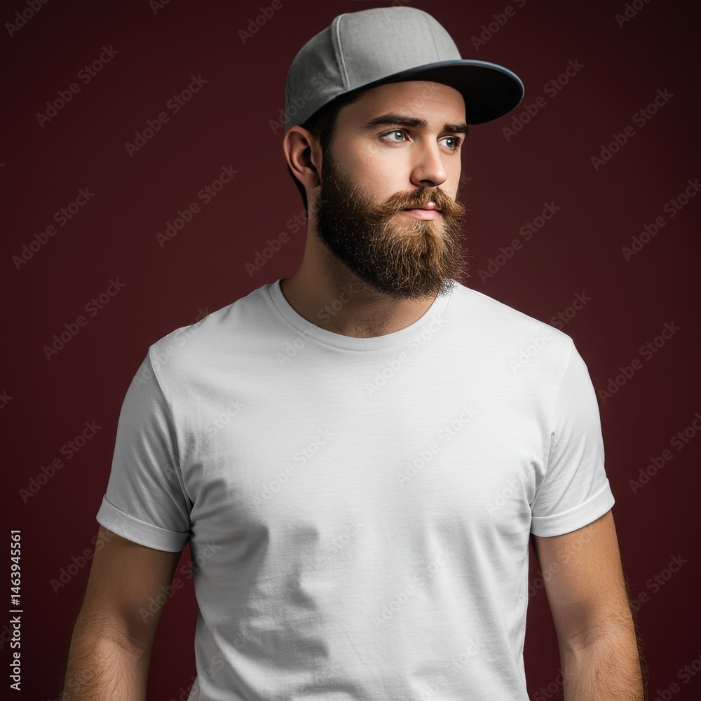 Portrait of a Bearded Man in White T-Shirt and Gray Cap on Maroon Portrait of a Bearded Man in White T-Shirt and Gray Cap on Maroon
