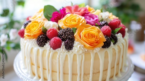 Delicious TwoLayered Cake Decorated with Fresh Berries and Roses photo