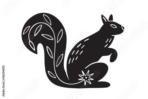 squirrel silhouette monochrome with patterns illustration. Trendy creative fabulous mystic folklore 