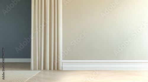 Modern interior design featuring neutral colors and fabric textures in a spacious room