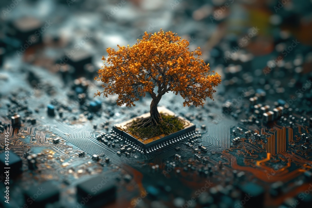 A tree grows out of a computer chip on a circuit board background. It visualizes the relationship between technology and nature.