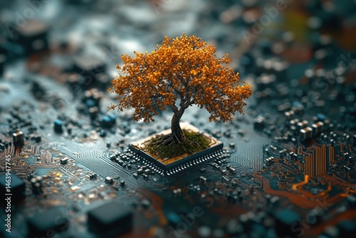 Obraz na płótnie A tree grows out of a computer chip on a circuit board background. It visualizes the relationship between technology and nature. w salonie