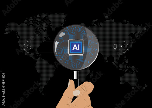 Magnifying glass focus to AI search engine bar for data search optimization. Ai tech search concept.