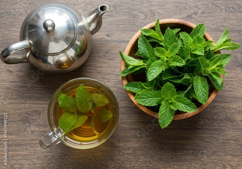 Herbal Mint Tea with Silver Teapot and Wooden Bowl on Wooden Table