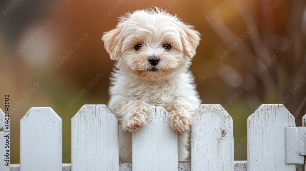Fluffy cream puppy peers over the white picket fence outdoors. Use this heartwarming photo for pet adoption or family content.