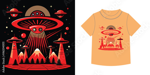 Vibrant UFO Alien Invasion Vector T-Shirt – Sci-Fi Fashion for Kids.