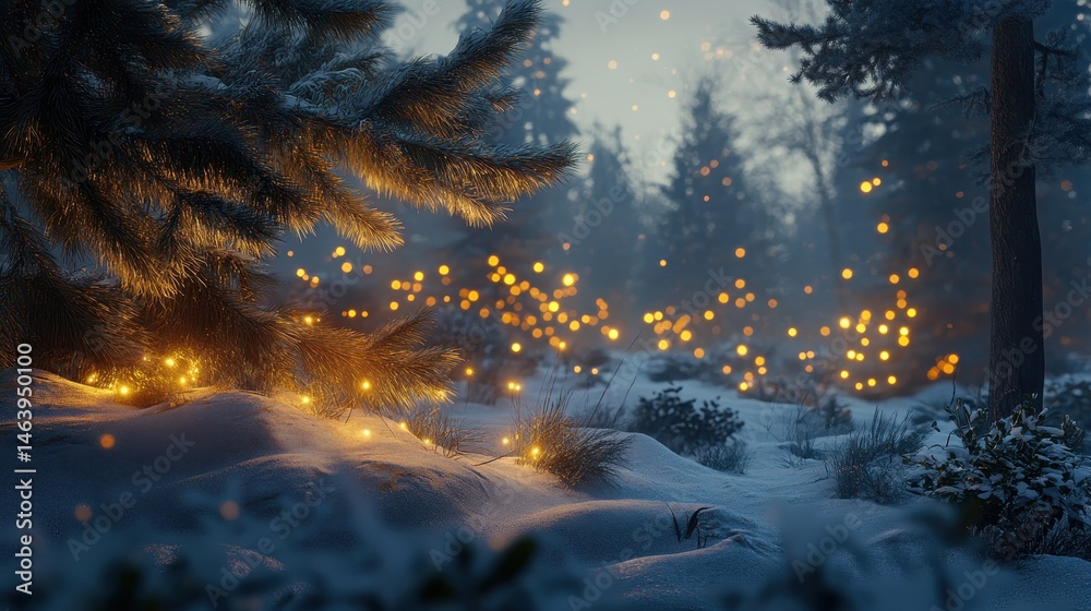 Snowy forest scene with warm lights twinkling in the distance at dusk. Perfect for holiday cards, websites, or winter marketing materials.